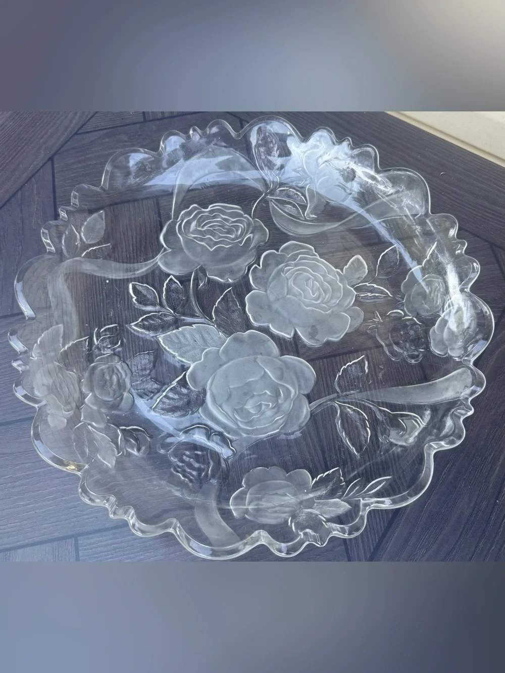 Vintage Frosted Pressed Glass Rose Platter Scalloped Edge Serving dish 14”x1.5”